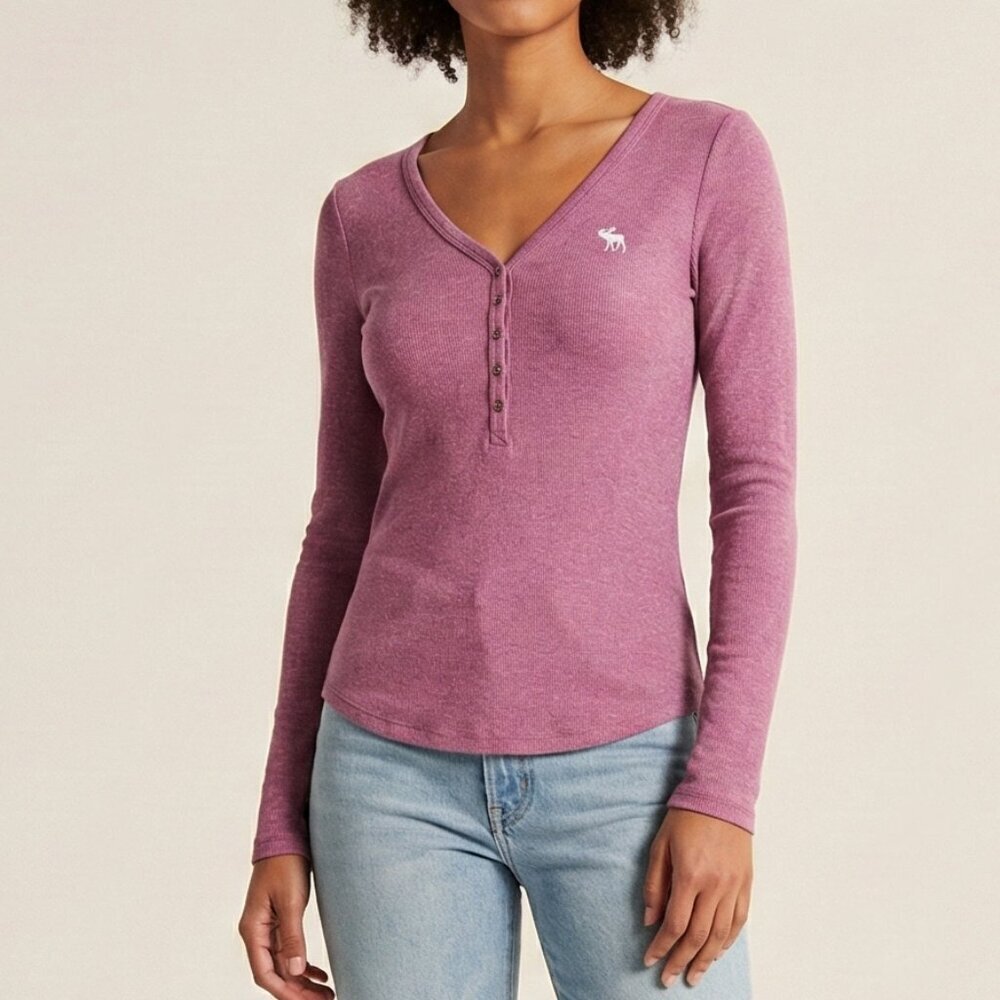 Abercrombie & Fitch Long Sleeve Henley Pink Y2K Embroidered Logo XS